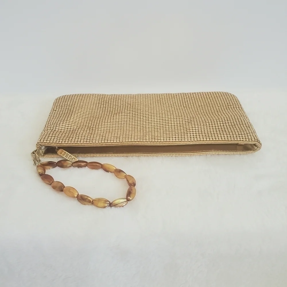 Guess Gold One Starry Night Metal Metallic Mesh Clutch Wristlet Purse
